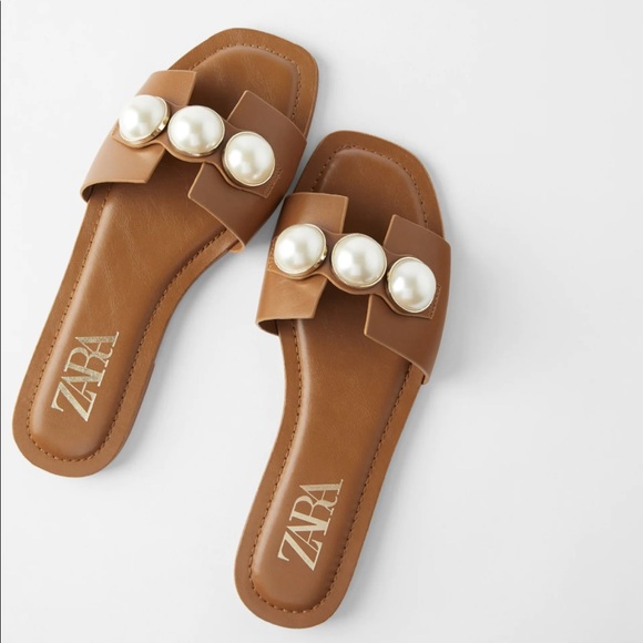 Zara Brown Slide Sandals with Pearls